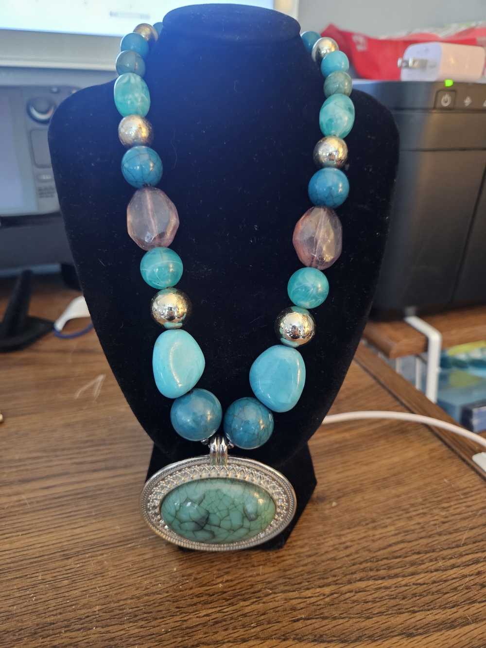 Turquoise Beaded Pendant Necklace - Blue Statement Jewelry